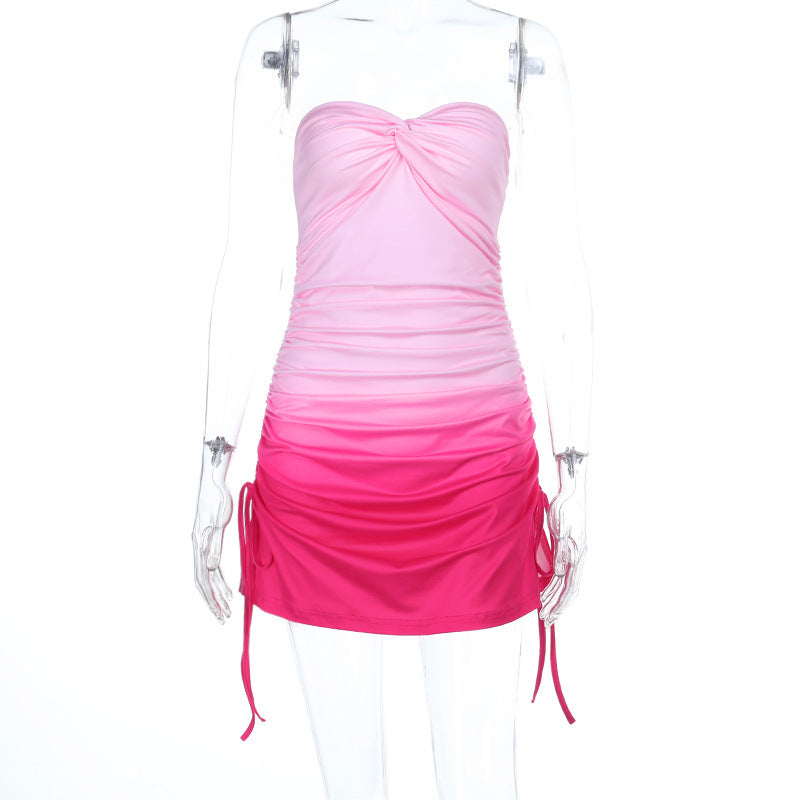 Mesh Gradient Tube Top Slimming Pleated Dress