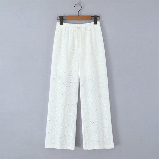 Hollow Embroidery Lace-up Straight-leg Pants