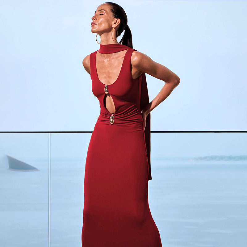 Solid Color U Collar Ribbon Hollow Out Metal Ring Backless Long Dress
