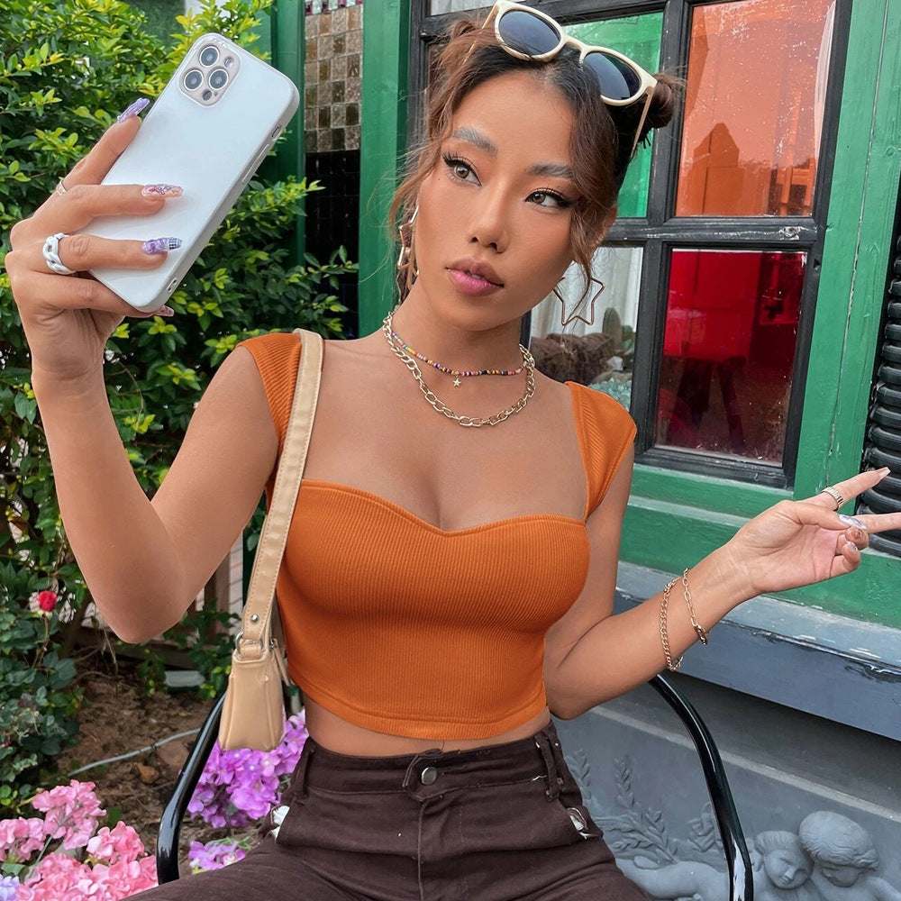 Women's New Instagram Style Slim Fit Square Neck Ultra Short Sleeveless T-shirt Vest Top