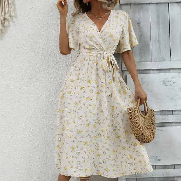 Mid-length V-neck Small Floral Tie-neck Ruffled Dress