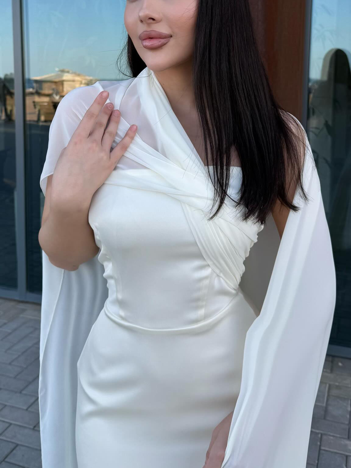 White Satin One - Shoulder Maxi Dress With Flowing Chiffon Cape