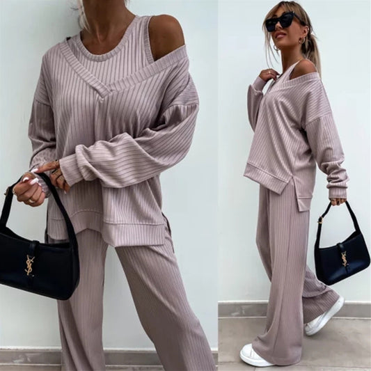 Women's Solid Color Vest Inner Match Long-sleeved V-neck Top Casual Pants Three-piece Set