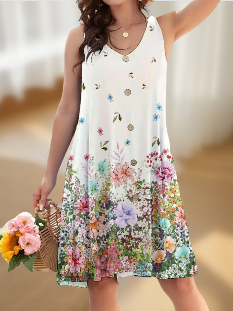 Women's Loose Sleeveless Twisted Button Printed Dress