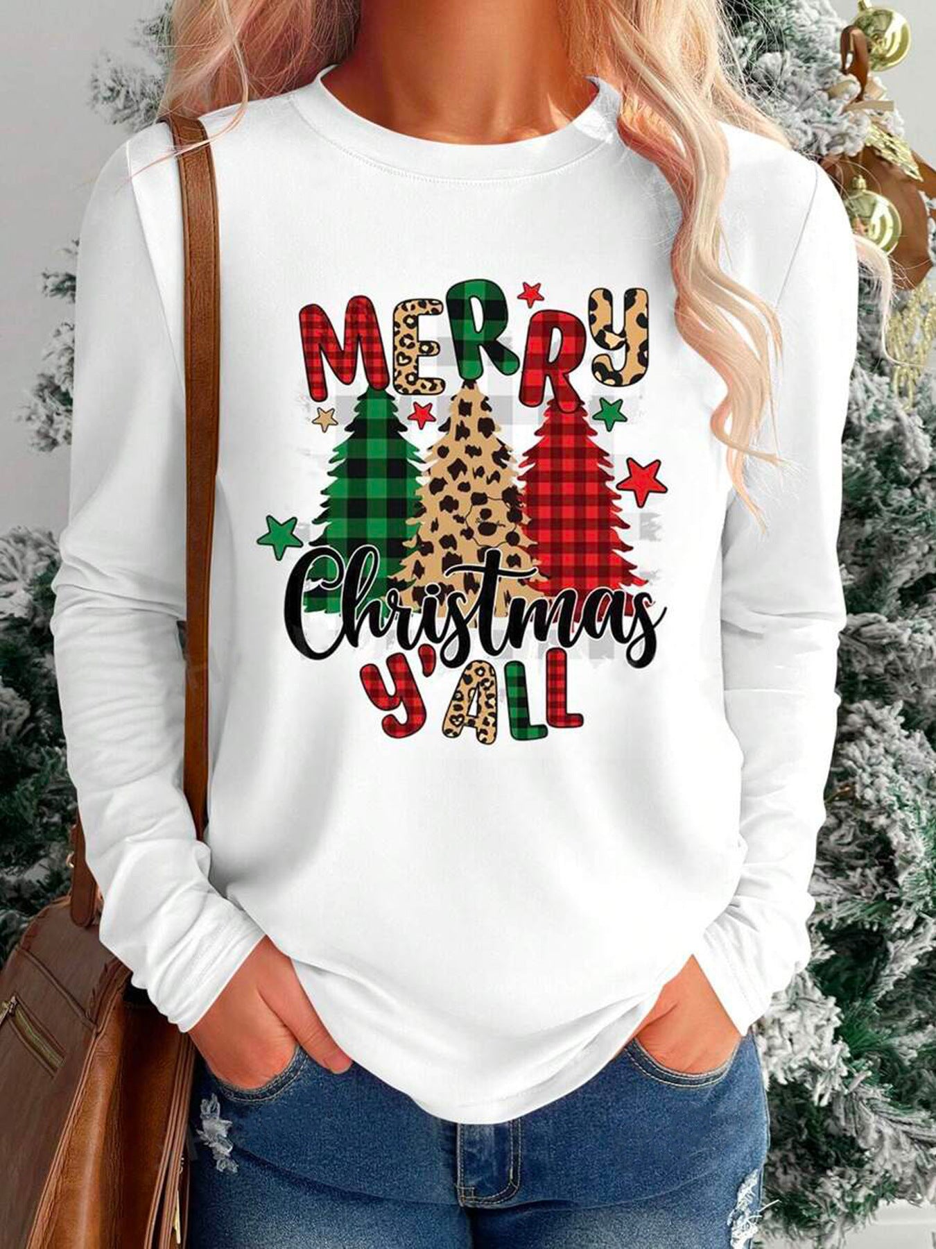 Positioning Printed Pattern Women's Long Sleeved Versatile Round Neck