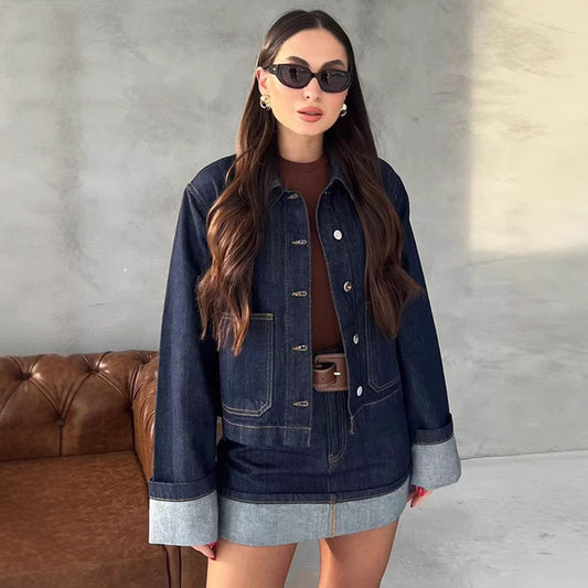 Vintage Denim Jacket Women's All-matching Short Polo Collar Jacket Top Skirt Suit