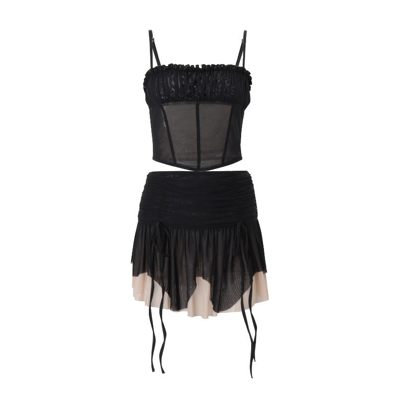 Mesh Top Sexy Hot Girl Pleated Low Waist Pleated Skirt Suit