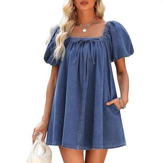 Square Collar Puff Sleeve Lace-up Elegant Denim Dress