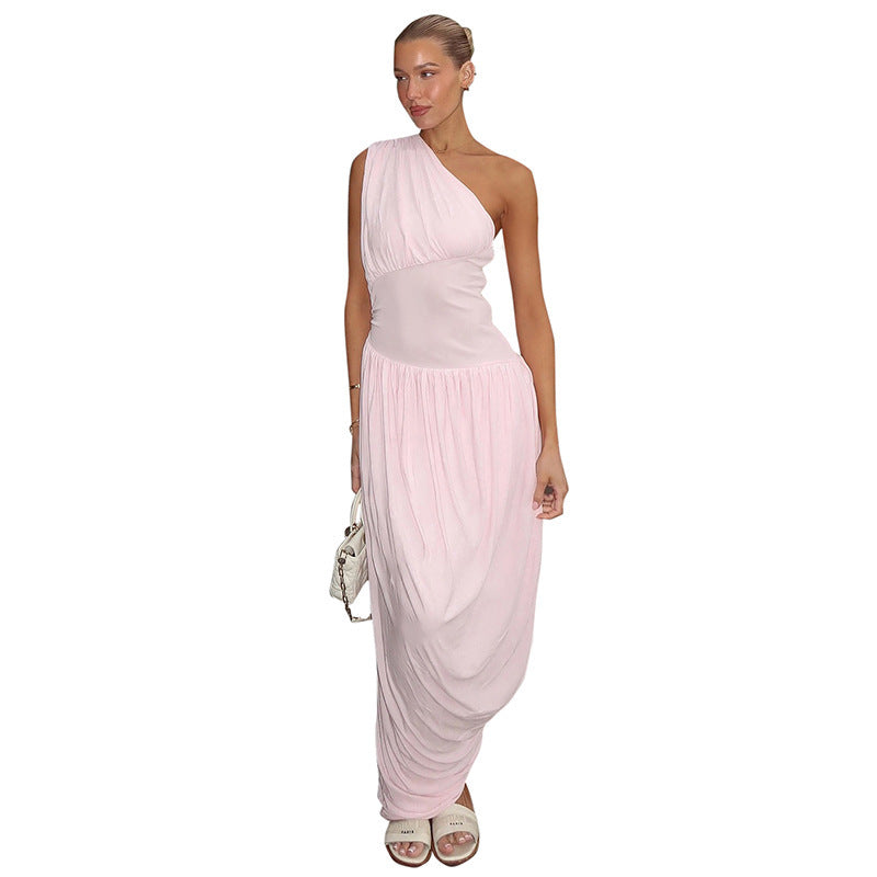 Women's Diagonal Collar One-shoulder Pleated Stacking Oblique Swing Dress