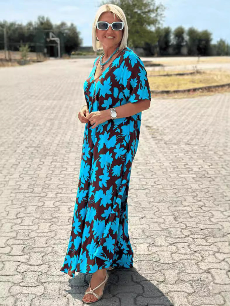 Women's V-neck Short Sleeve Casual Loose Dress