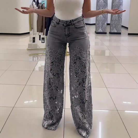 Women's Fashionable Hollow Lace Stitching High Waist Wide Leg Pants