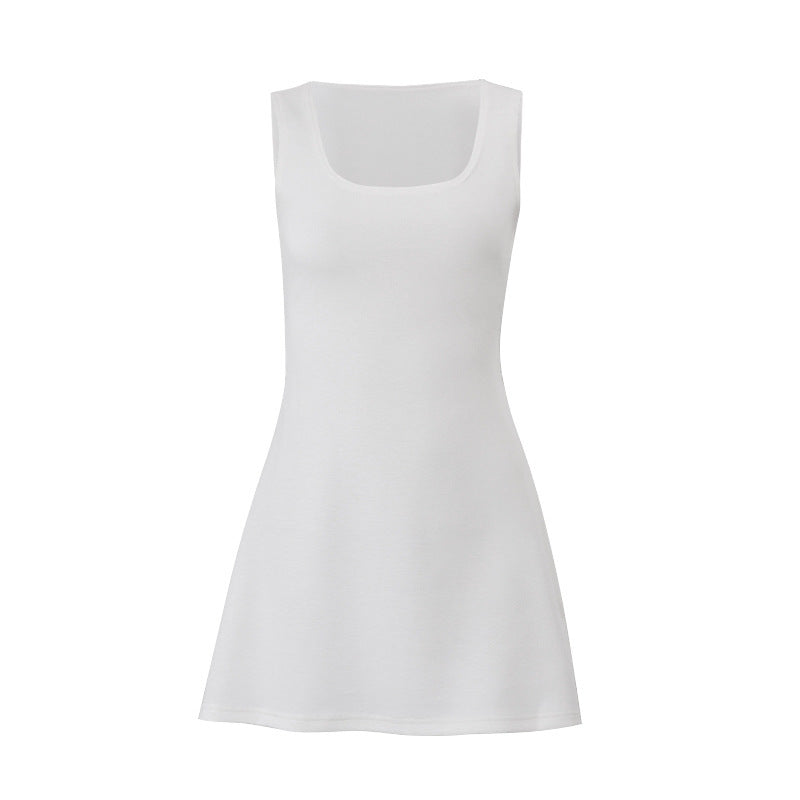 U Collar Solid Color Short Skirt Slim-fit Lace Up Sleeveless Dress