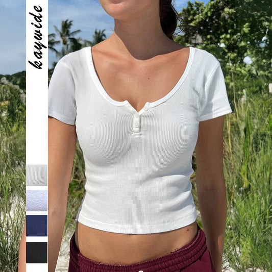 Y2g Waist-tight Thread Collar Decorated With Buttons Short-sleeved Top T-shirt