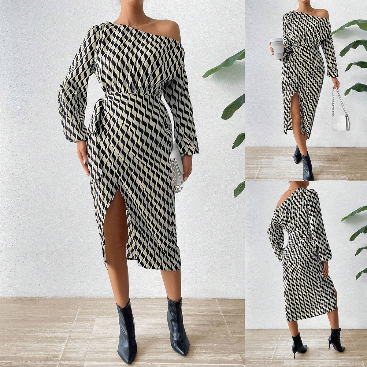 Summer Women's Waist Slant Shoulder Long Sleeve Striped Dress Long
