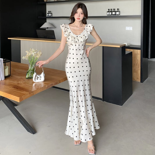 Temperament Waist-controlled Summer Ruffles Backless Polka Dot Dress Women