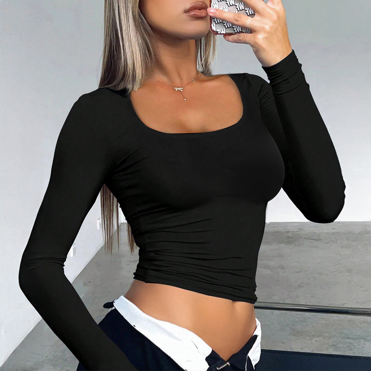 Slim-Fit U-collar Bm Solid Color Long-sleeved T-shirt For Women