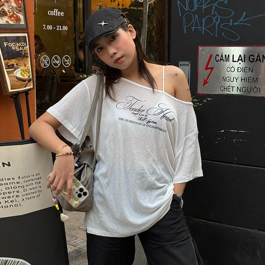 Women's Thin Letter Print Design Shoulder Short Sleeve T-shirt