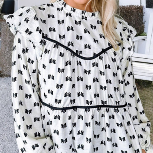 White Bow Knot Print Piping Trim Ruffled Crew Neck Blouse