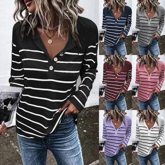 Striped Round Neck Button Casual Loose Long Sleeve