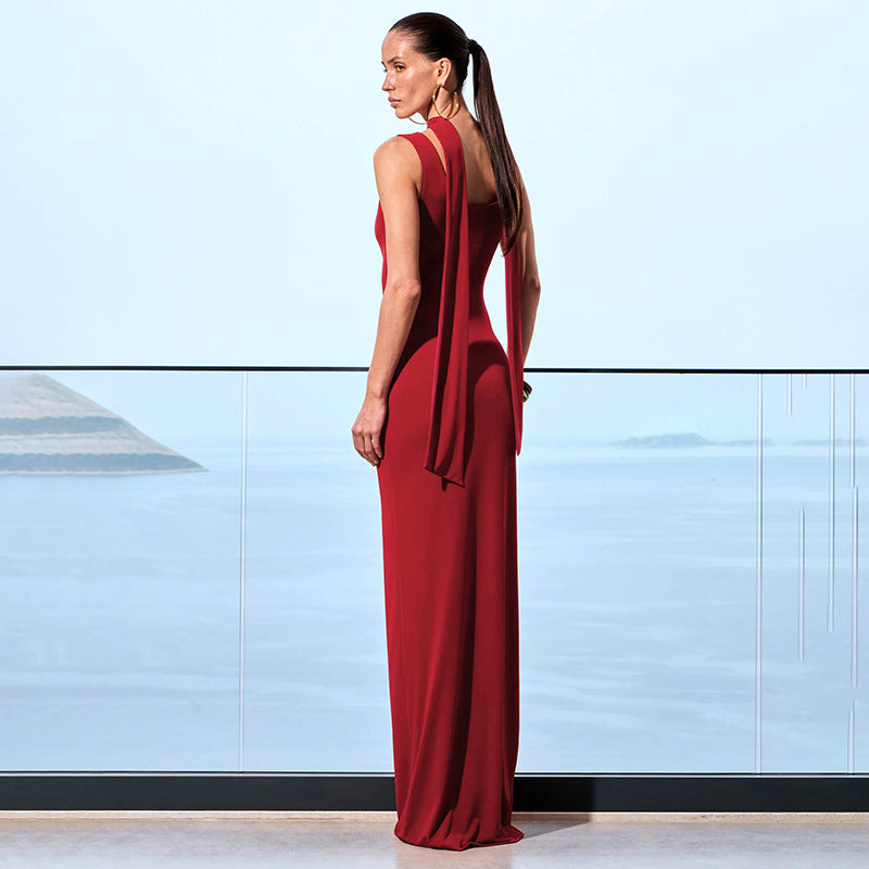 Solid Color U Collar Ribbon Hollow Out Metal Ring Backless Long Dress