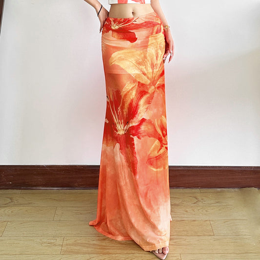 Vacation Style Printed Semi See-through High Waist Slim Skirt