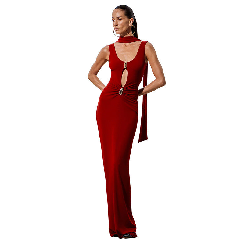 Solid Color U Collar Ribbon Hollow Out Metal Ring Backless Long Dress