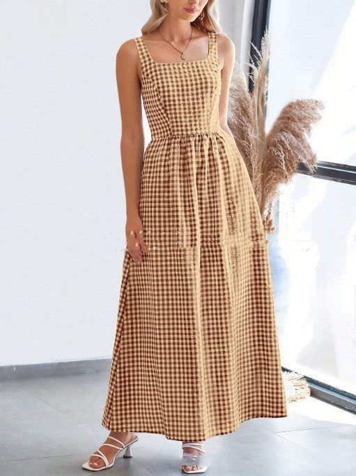 Patchwork Plaid Sling Elastic Large Swing Dress