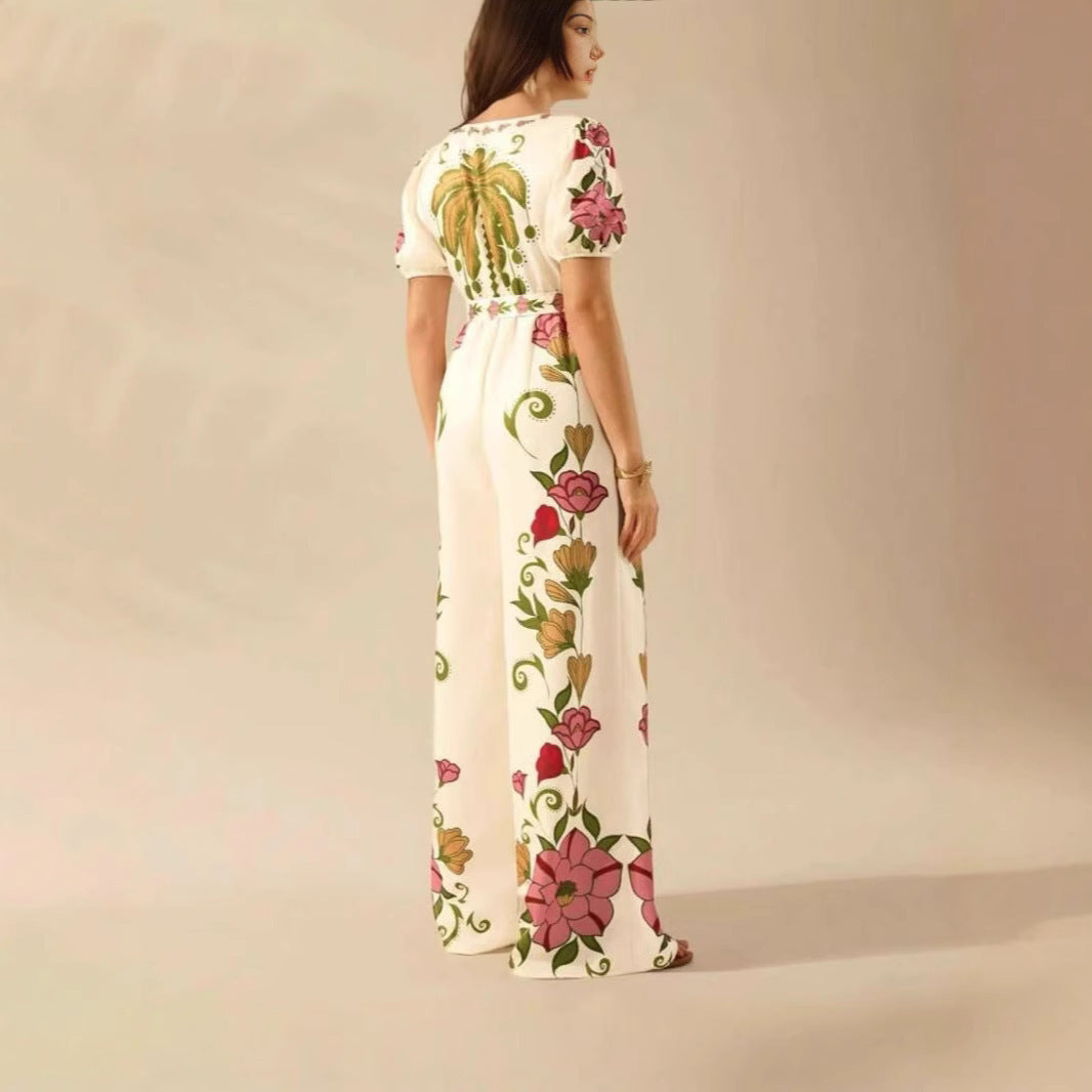 Women's Deep V-neck Printed Fashion Wide-leg Jumpsuit