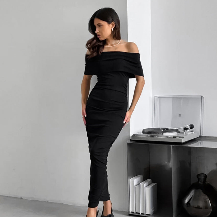 Off-neck Tube Top Dress Women's Velvet Skinny Hip Skirt