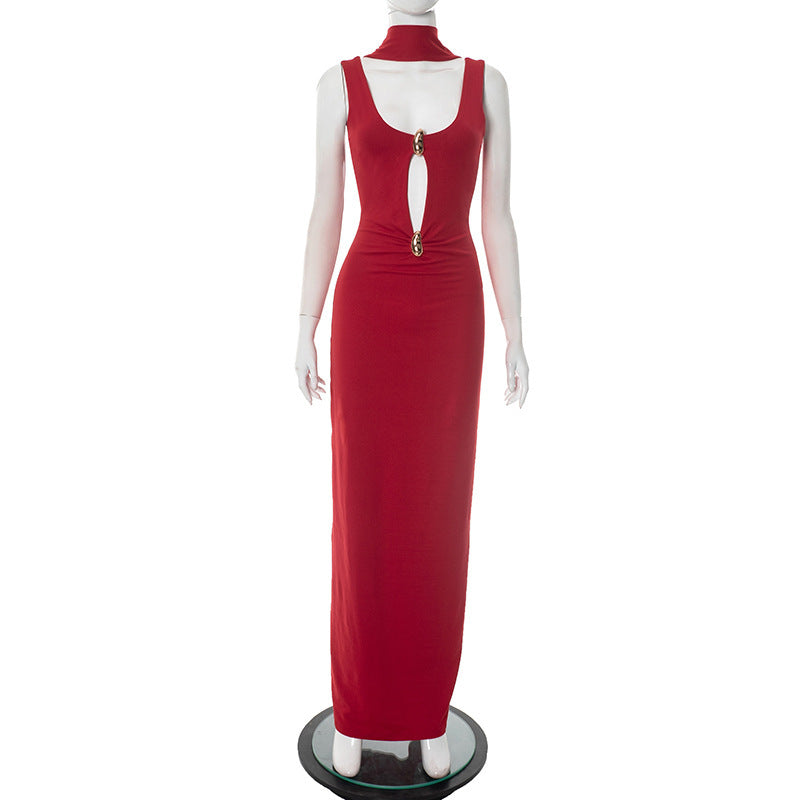 Solid Color U Collar Ribbon Hollow Out Metal Ring Backless Long Dress