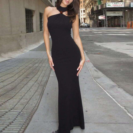 Temperament High Collar Halter Sleeveless Backless Slim Fit Dress Women