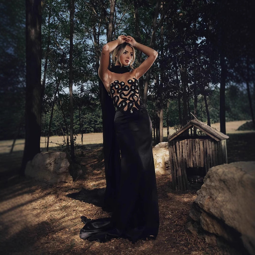 Women's High-end Delicate Bead-set Diamond Evening Dress