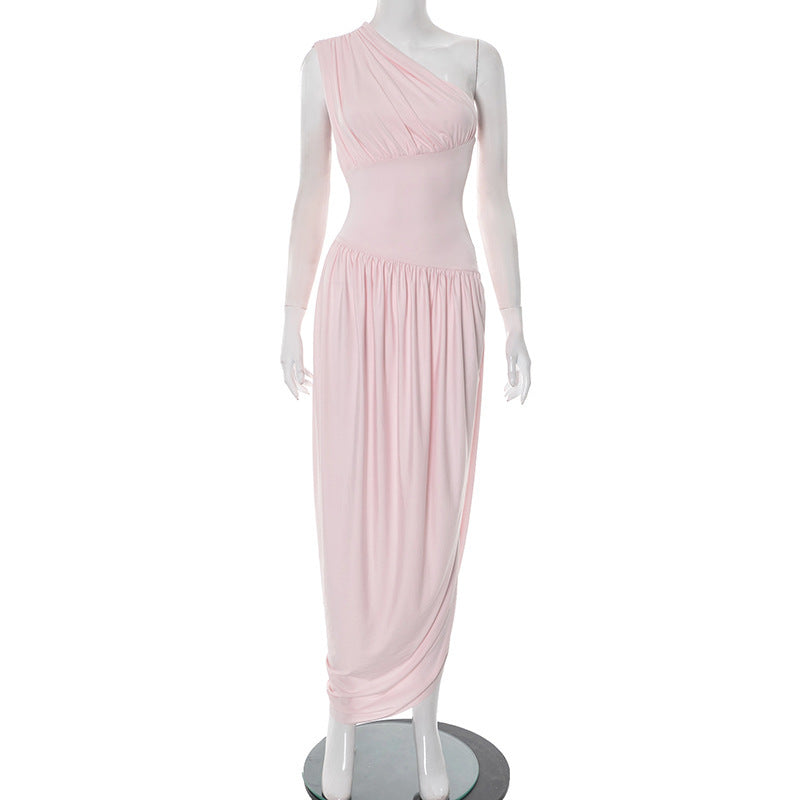 Women's Diagonal Collar One-shoulder Pleated Stacking Oblique Swing Dress