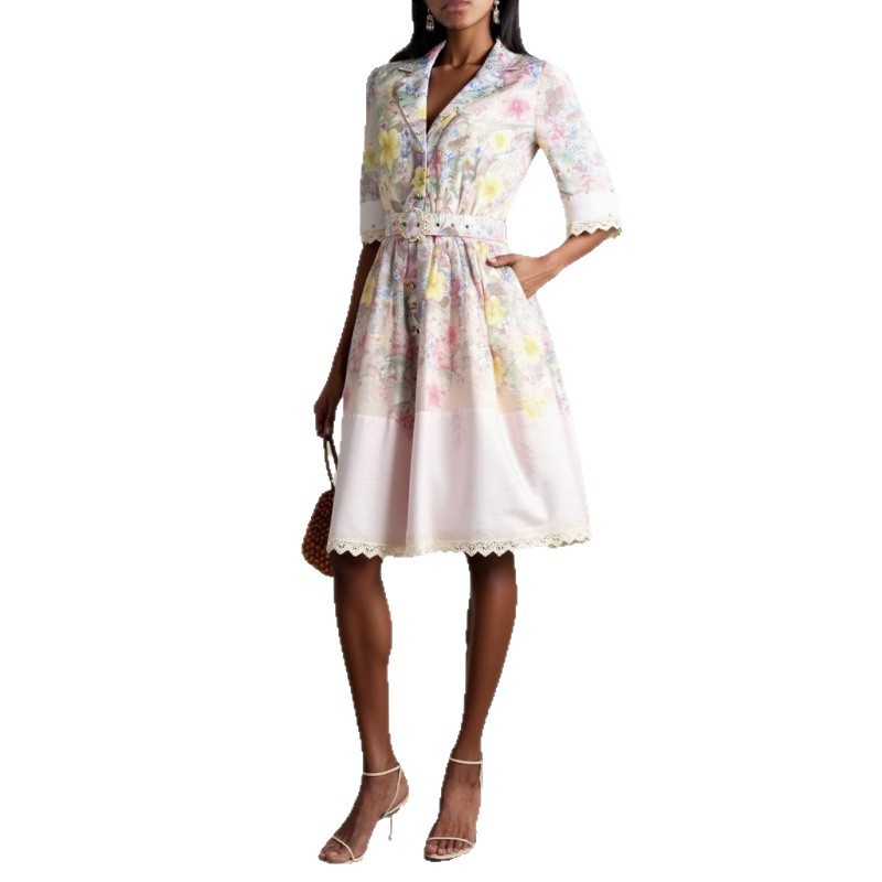 Vintage Printed Heavy Industry Beads Lace Stitching Dress Short And Belt