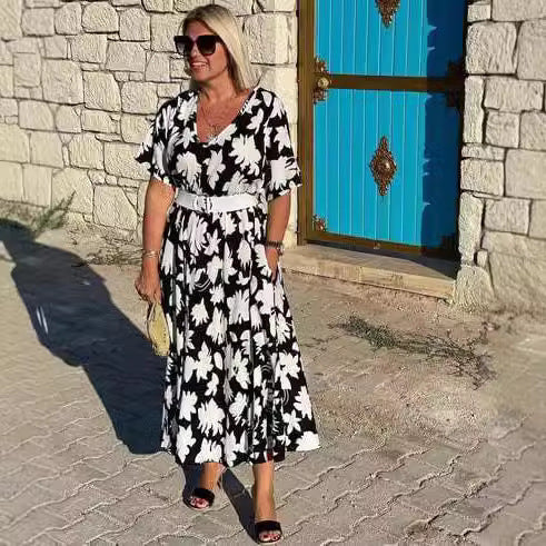 Women's V-neck Short Sleeve Casual Loose Dress