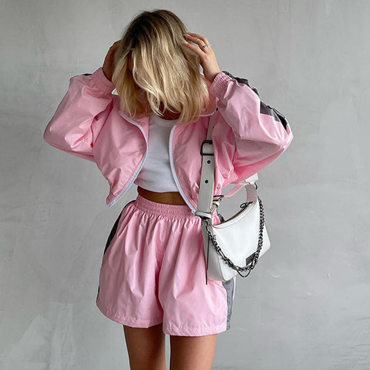 Women's Long-sleeved Zipper Sport Cardigan Coat Shorts Suit Casual