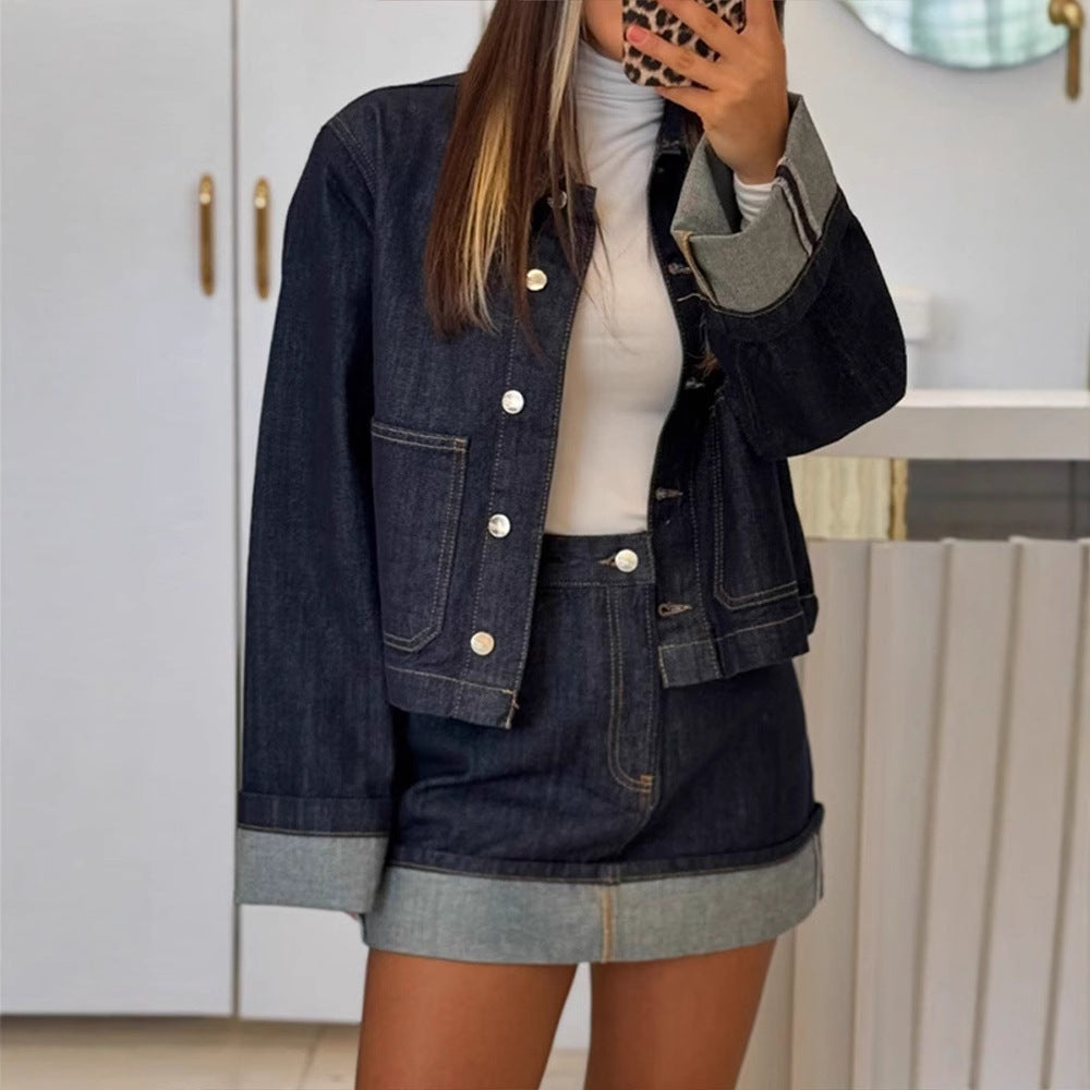 Vintage Denim Jacket Women's All-matching Short Polo Collar Jacket Top Skirt Suit