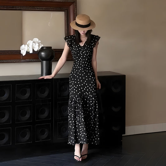 Summer New Slim Fit Show Thin Black French Polka Dot Fashion Dress