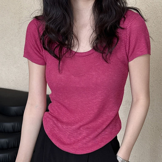 U-neck Shoulder Short Sleeved Women's Summer New Style Waist Cinching Slimming T-shirt