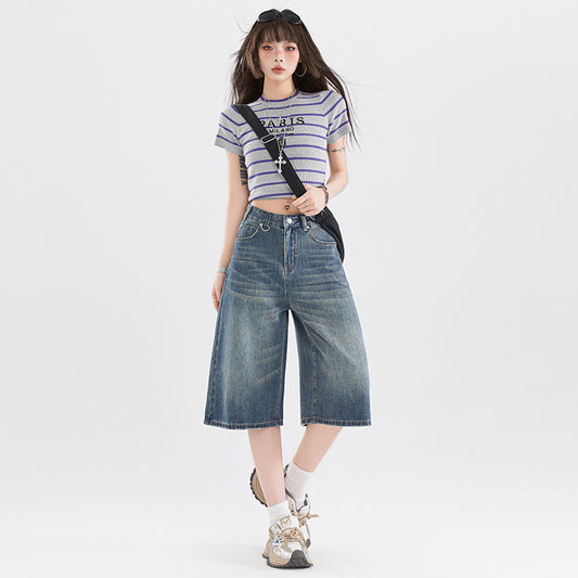 Women's American-style Retro High Street Denim Cropped Pants Summer