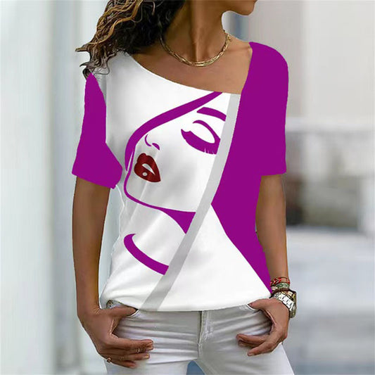 Women's Casual Diagonal Collar Short Sleeve