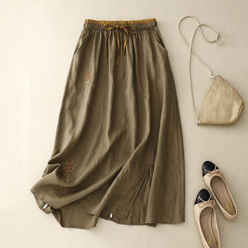 Artistic Embroidered Patchwork Skirt Elastic Waist Color Matching A- Line Skirt