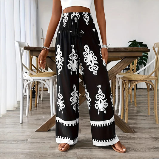 Women's 3D Pattern Lace-up Casual High Waist Print Wide-leg Pants