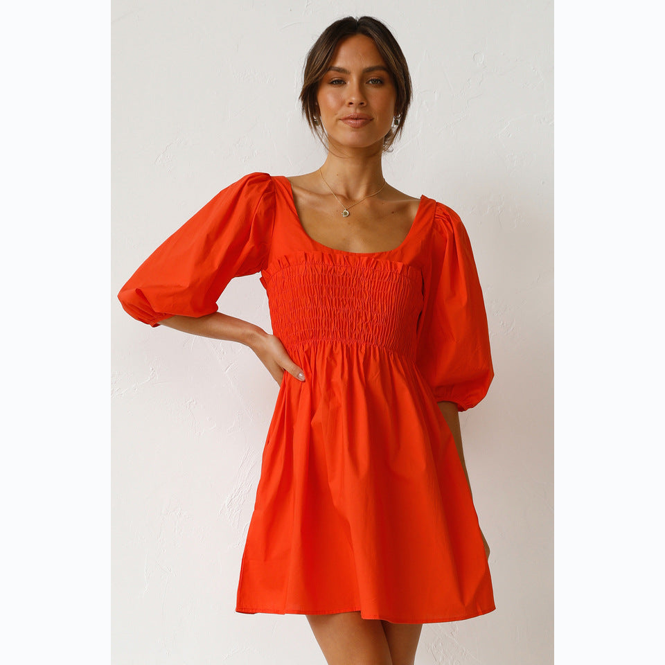 Solid Color U Collar Fitted Waist Sweet Short Dress