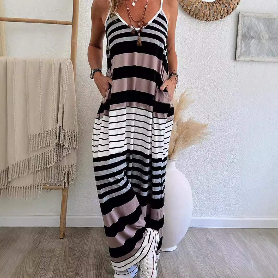 Loose Casual Low Cut Dress Striped Print