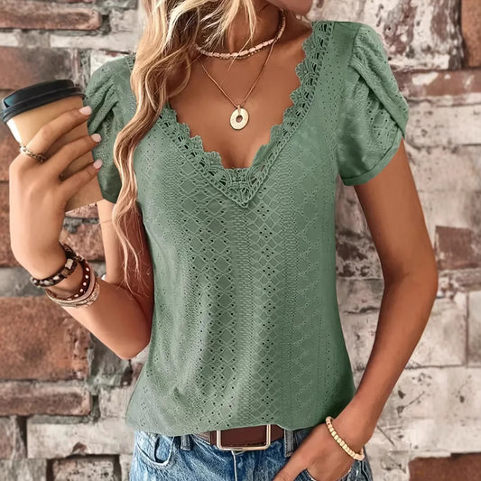 Women's Eyelet Lace Trim V-neck Shirt