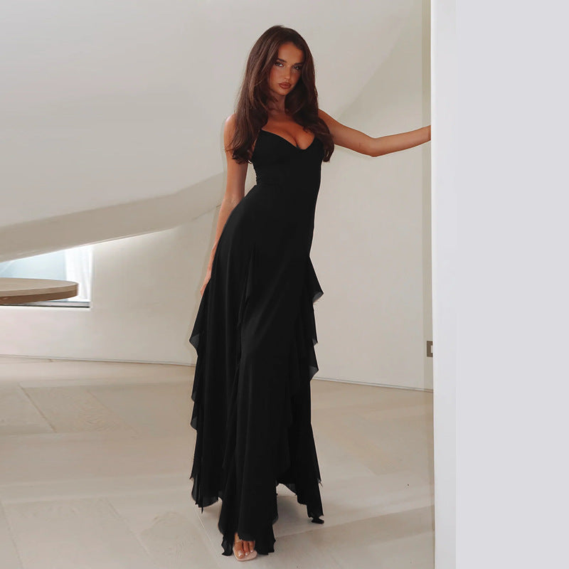 Strap Temperament V-neck Holiday Split Ruffled Dress