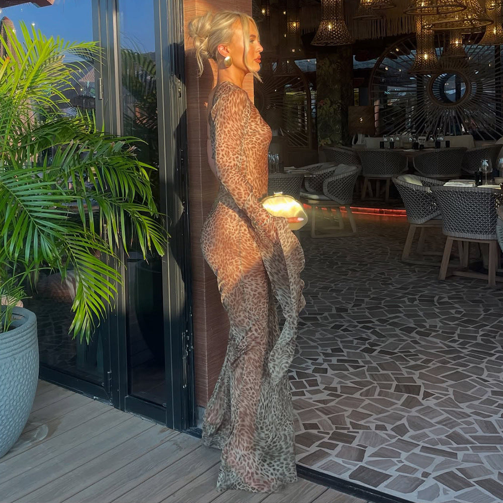 Summer Leopard Print Dress Sexy See-through Shoulder Sleeve