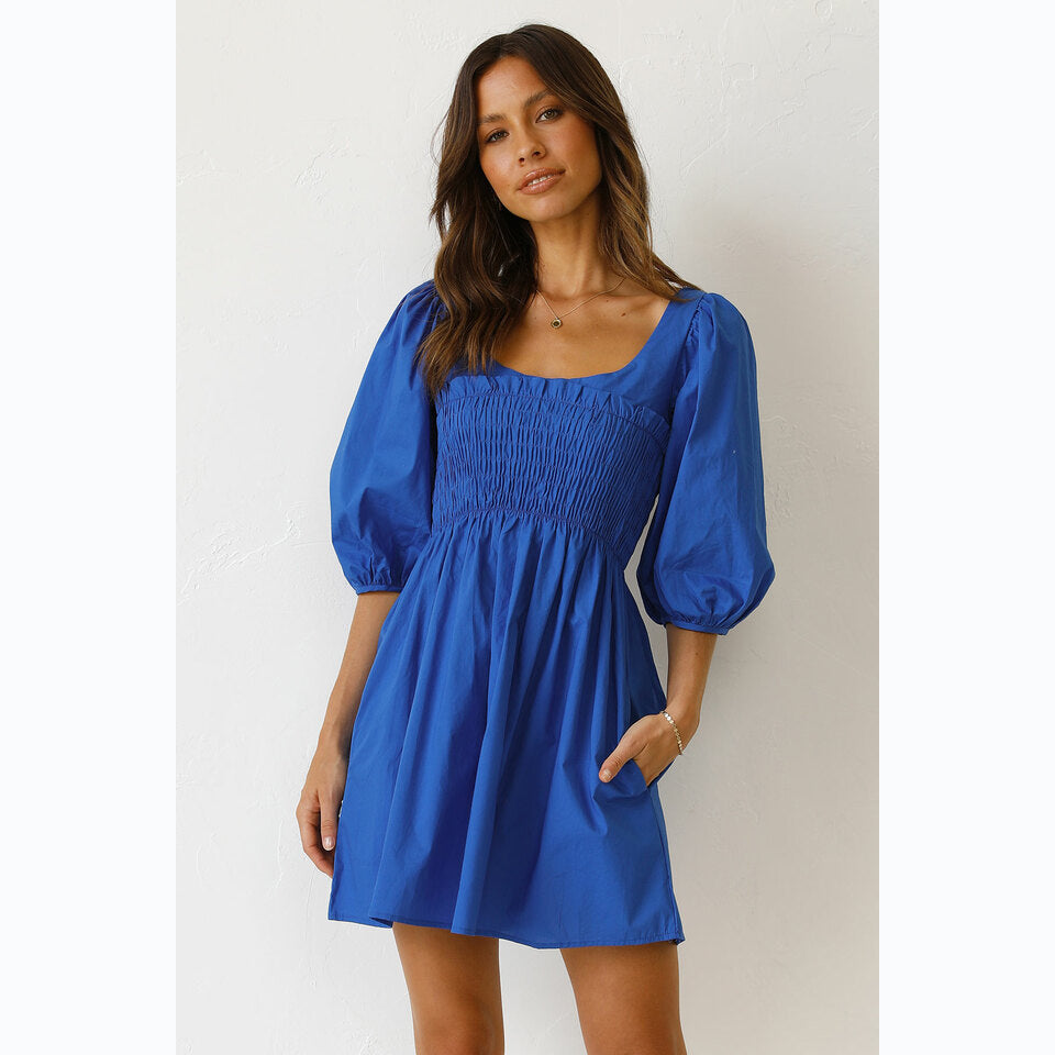 Solid Color U Collar Fitted Waist Sweet Short Dress