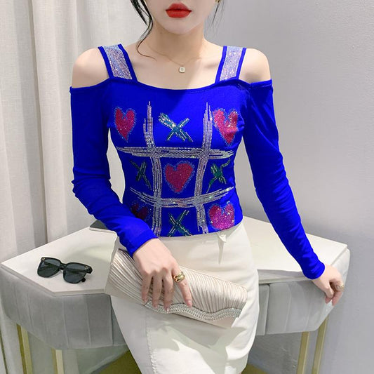 Women's Double-layer Ice Silk Net Yarn Long-sleeved Off-shoulder Blouse Top